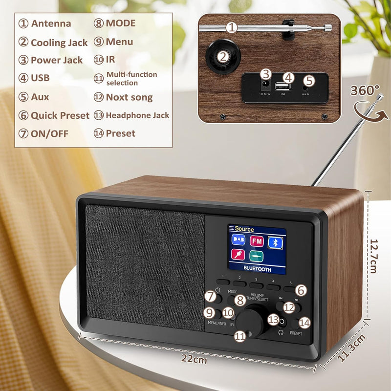 Wholede DAB Plus Radio mit Bluetooth, DAB Radio mit Fernbedienung DAB+/FM Radio Retro Holz Digitalra