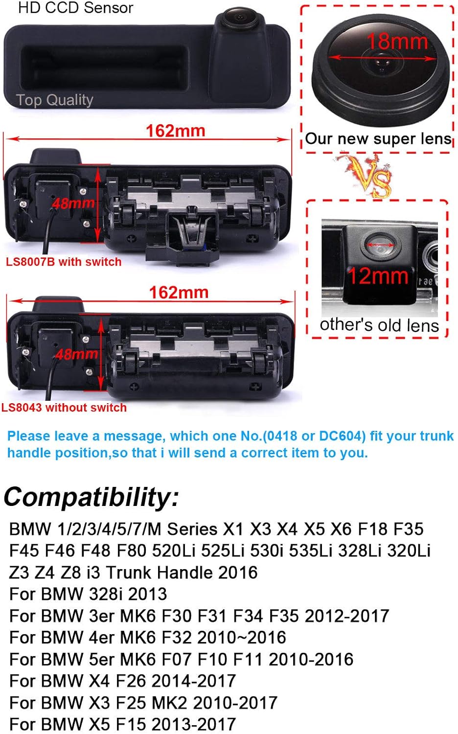Griffleiste Auto Rückfahrkamera 1280 * 720 Pixel 1000TV Linien HD Objektiv Wasserdicht 170 ° Super W