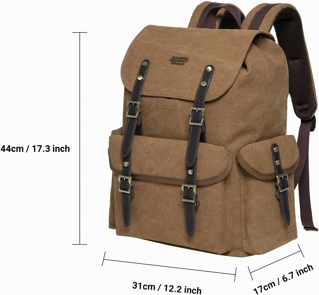 KAUKKO Canvas Retro Rucksack Damen Herren, Vintage Jagdrucksack Wanderrucksack mit 14 Zoll Laptopfac