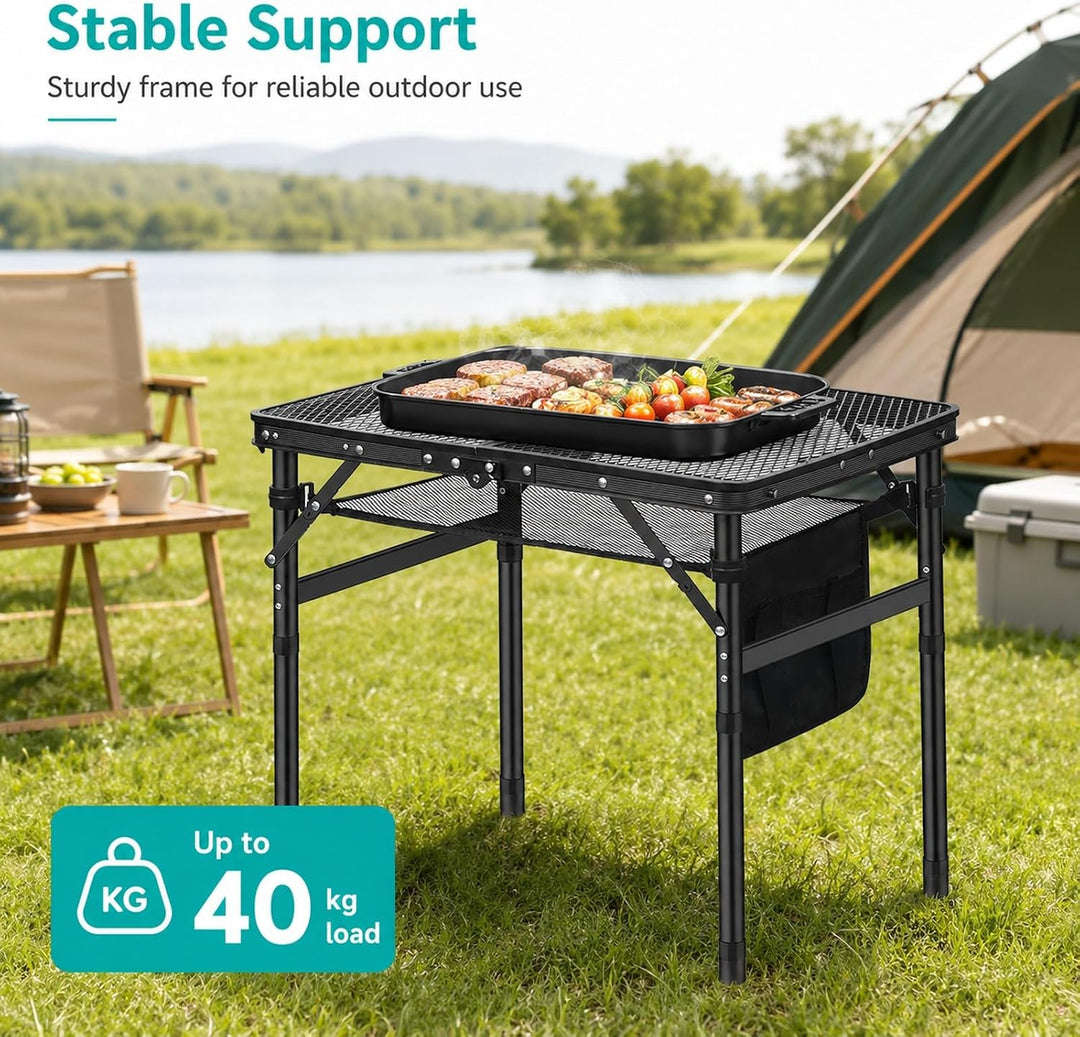 GOOGO Grilltisch Outdoor Klappbar, 60 x 40 x 56 cm, Campingtisch Faltbar mit Erhöhten Beinen und Git