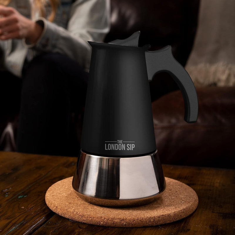 The London Sip Espressokocher Induktion geeignet, Mokkakanne aus Edelstahl, Espressokanne 6 Tassen (