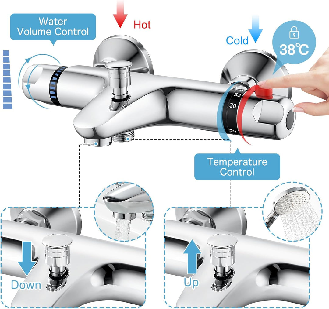 Duscharmatur mit Thermostat aus Messing, Chrom Mischbatterie und Aufputz für Badewanne und Dusche mi