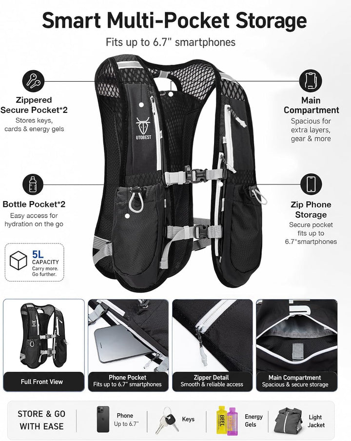 UTOBEST Trinkrucksack 5L Herren Damen Ultraleicht Laufrucksack für Laufen,Marathon,Jogging,Radfahren