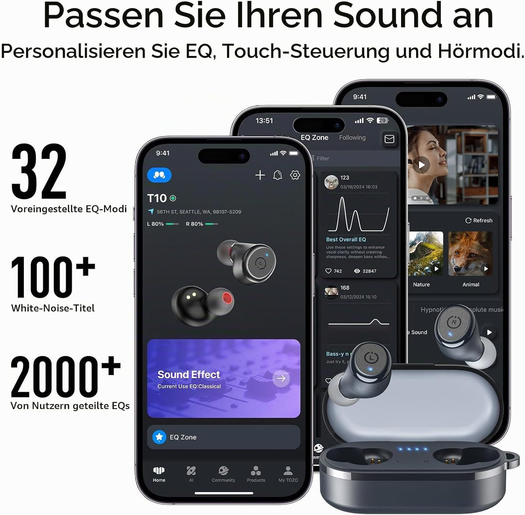 TOZO T10 Kopfhörer Kabellos Bluetooth In Ear mit Ladecase 55 Std. IPX8 | ENC für klare Anrufe und Kl