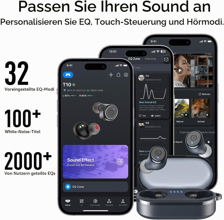 TOZO T10 Kopfhörer Kabellos Bluetooth In Ear mit Ladecase 55 Std. IPX8 | ENC für klare Anrufe und Kl