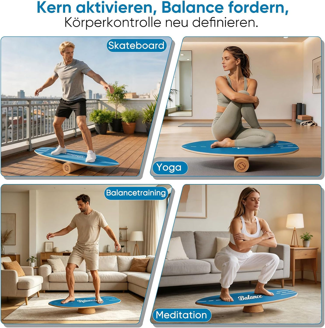 Balance Board Komplett-Set – 4-in-1 Massivholz Gleichgewichtsboard, 78 x 30 cm, bis 204 kg, rutschfe