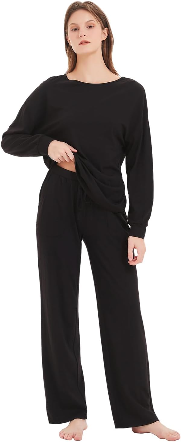 Mnamo Damen Schlafanzug Weich Gestricktes Pyjama Set Gemütliche Nachtwäsche Baumwolle und Modal Atmu