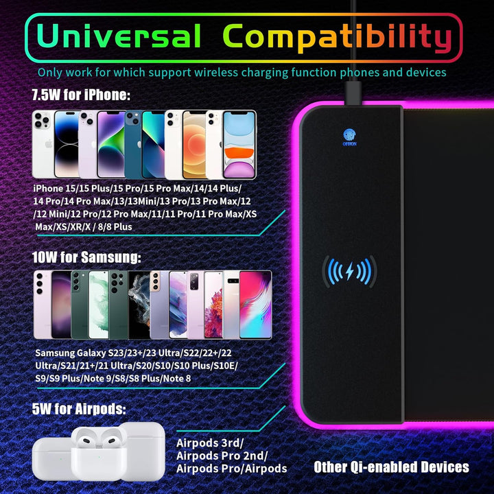 RGB-Gaming-Mauspad mit 15 W kabelloser Aufladung,XXL grosses LED-Schreibtischpad mit 14 Lichtmodi,er