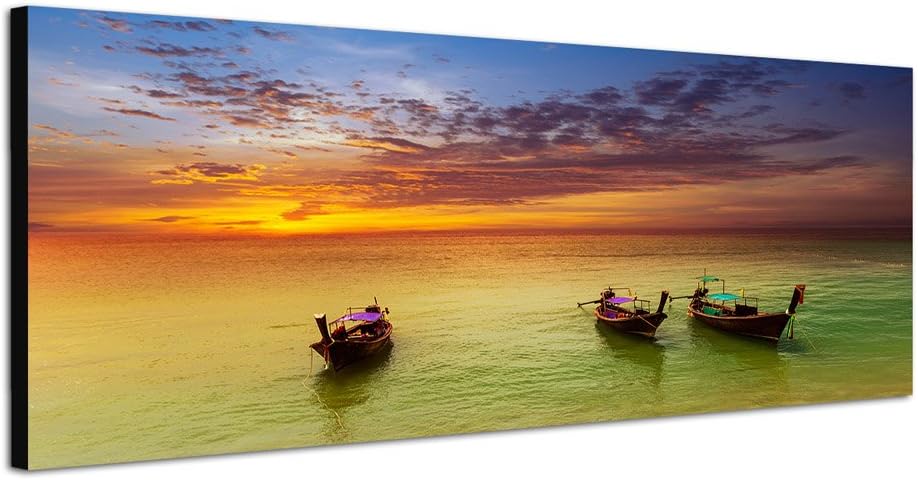 Paul Sinus Art Panoramabild auf Leinwand und Keilrahmen 150x50cm Thailand Strand Meer Boote Abendrot