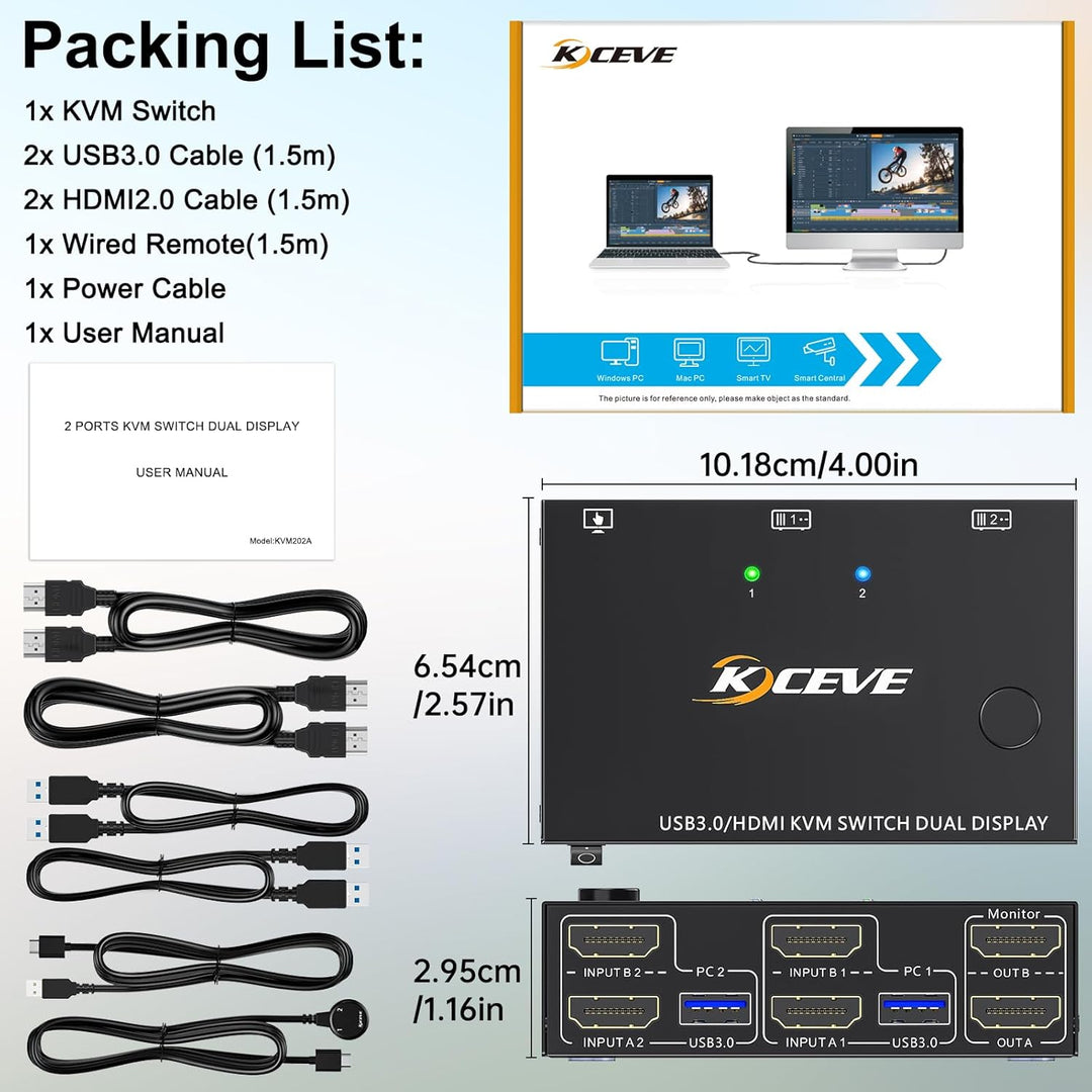 USB 3.0 HDMI KVM Switch 2 PC 2 Monitore 4K@60Hz 2K@144Hz, Simulation EDID, MLEEDA 2 PC 2 Monitor Swi