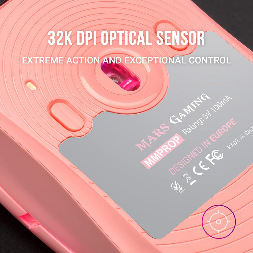 Mars Gaming MMPROP Rosa, Ultra-Leichtgewicht Maus für Beidhänder, RGB Chroma, Optisch 32K DPI, MMPRO