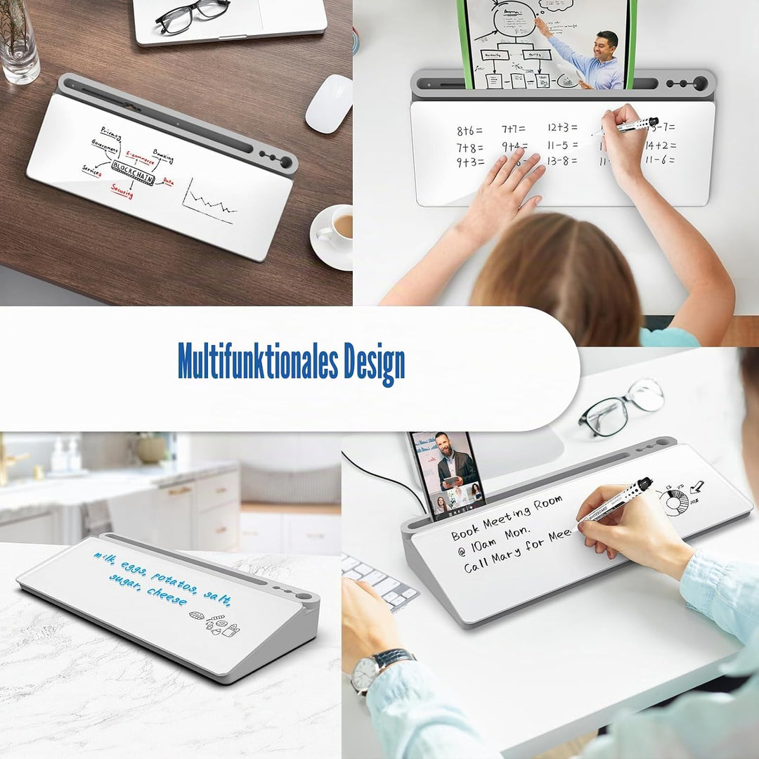 Schreibtisch Whiteboard aus Glas mit Stauraum, Trockenwisch Memoboard inkl. 3 Markern – Organizer er