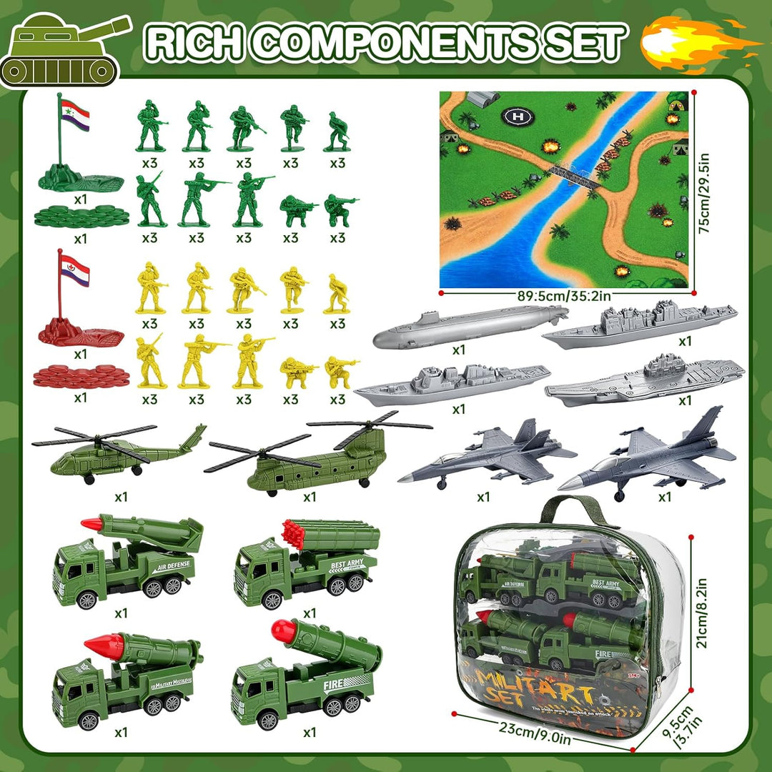 deAO Militär-Spielzeugset 78-teilig, Soldat Flugzeuge Schiffe Raketenwagen | 30 grüne + 30 gelbe Sol