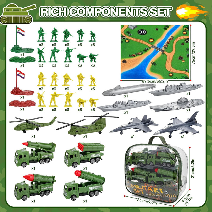 deAO Militär-Spielzeugset 78-teilig, Soldat Flugzeuge Schiffe Raketenwagen | 30 grüne + 30 gelbe Sol