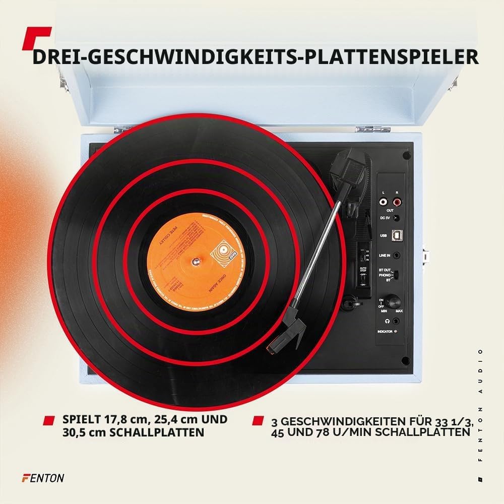 Fenton RP118E - Bluetooth Plattenspieler mit Lautsprecher, Bluetoothsender und Empfänger, Schallplat