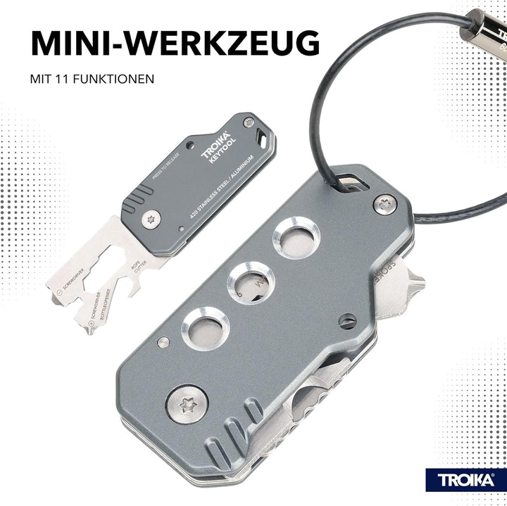 TROIKA Mini-Werkzeug mit 11 Funktionen – KEYTOOL – Messer – Schlüsselanhänger (Drahtschlaufe) – Fade