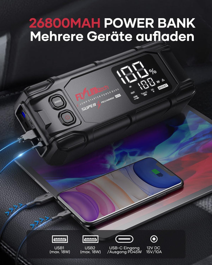 FLYLINKTECH Starthilfe Powerbank, 6000A Spitzstrom 26800mAh Tragbare Auto 12V mit LCD Bildschirm für
