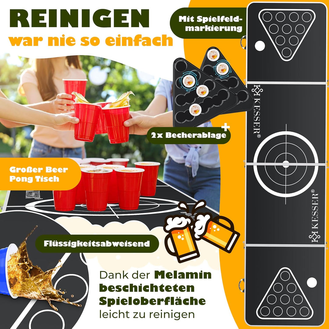 KESSER® Bier Pong Tisch Set mit Kartenspiel Trinkspiel - inkl. 100 Becher (50 Rot & 50 Blau), 6 Bäll