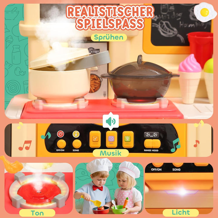AIYAPLAY Kinderküche Spielküche mit fliessendem Wasser, elektrischem Wasserhahn, Lichtern und Geräus