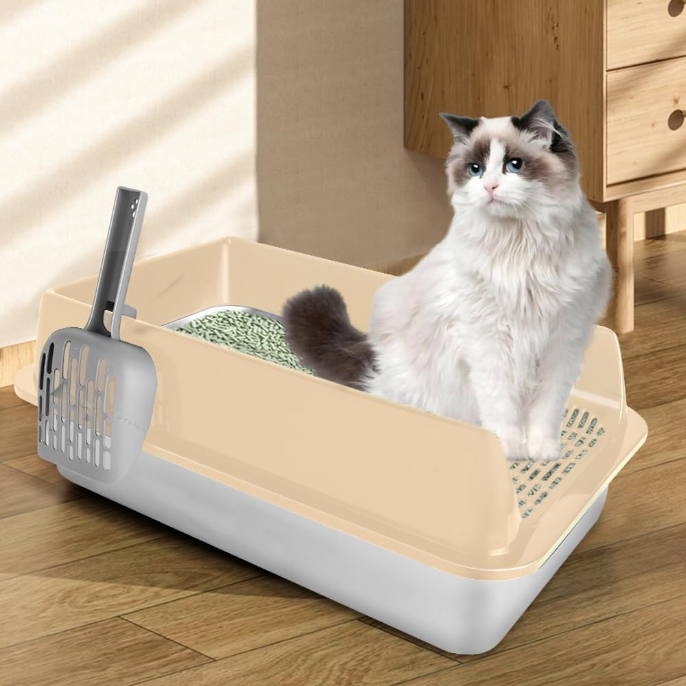 Katzentoilette aus Edelstahl mit hohen Seiten, Schaufel, einfache Reinigung, geruchsbeständig, geeig