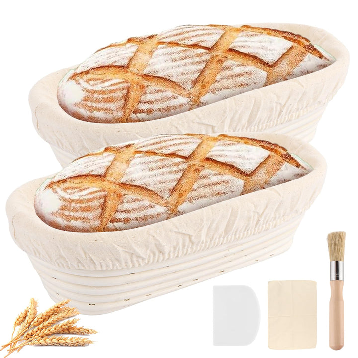 2 Stück Gärkörbchen Oval 28 cm, Gärkörbchen für Brot, Gärkorb Brot mit Bürste und Kunststoffspachtel
