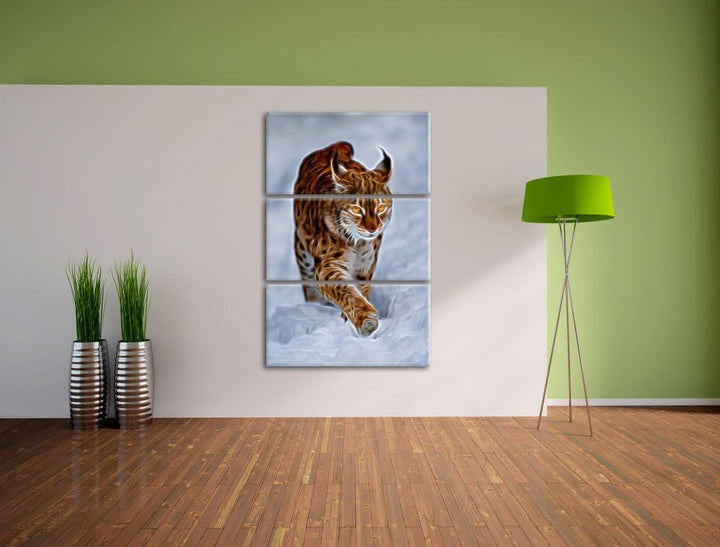 Luchs im Schnee Spezial 3-Teiler Leinwandbild 120x80 Bild auf Leinwand, XXL riesige Bilder fertig ge