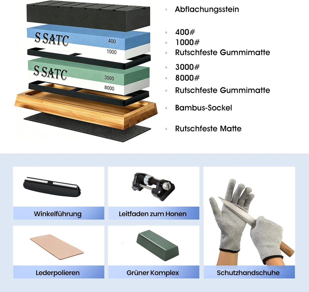 Schleifstein Set 400/1000/3000/8000 Körnung - Hochwertig Wetzstein Messerschärfer mit Bambusständer