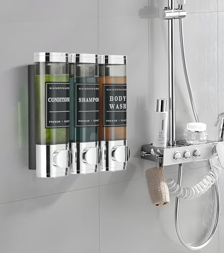Duschseifenspender, Wandmontage, 3 Kammer-Shampoospender für Dusche, mit 5 Etikettenaufklebern, 3 x