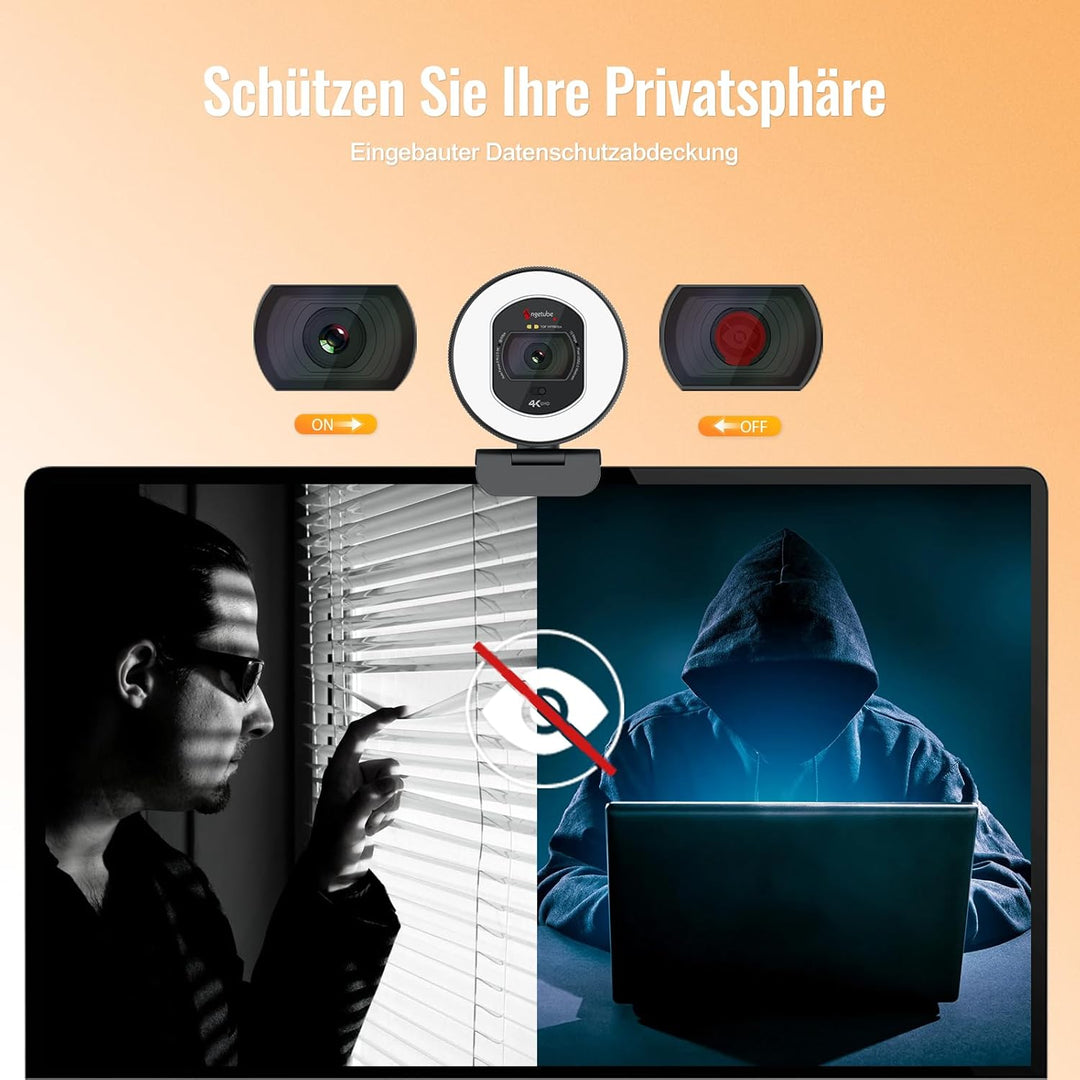 Angetube Webcam 4K mit Licht – Streaming-Kamera für PC mit Dual-AI-Rauschunterdrückungs-Mikrofon, Au