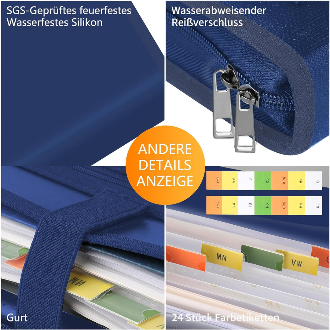 JUNDUN Fächermappe - Dokumentenmappe a4 mit mehreren Fächern - Feuerfest Dokumententasche mit Reissv