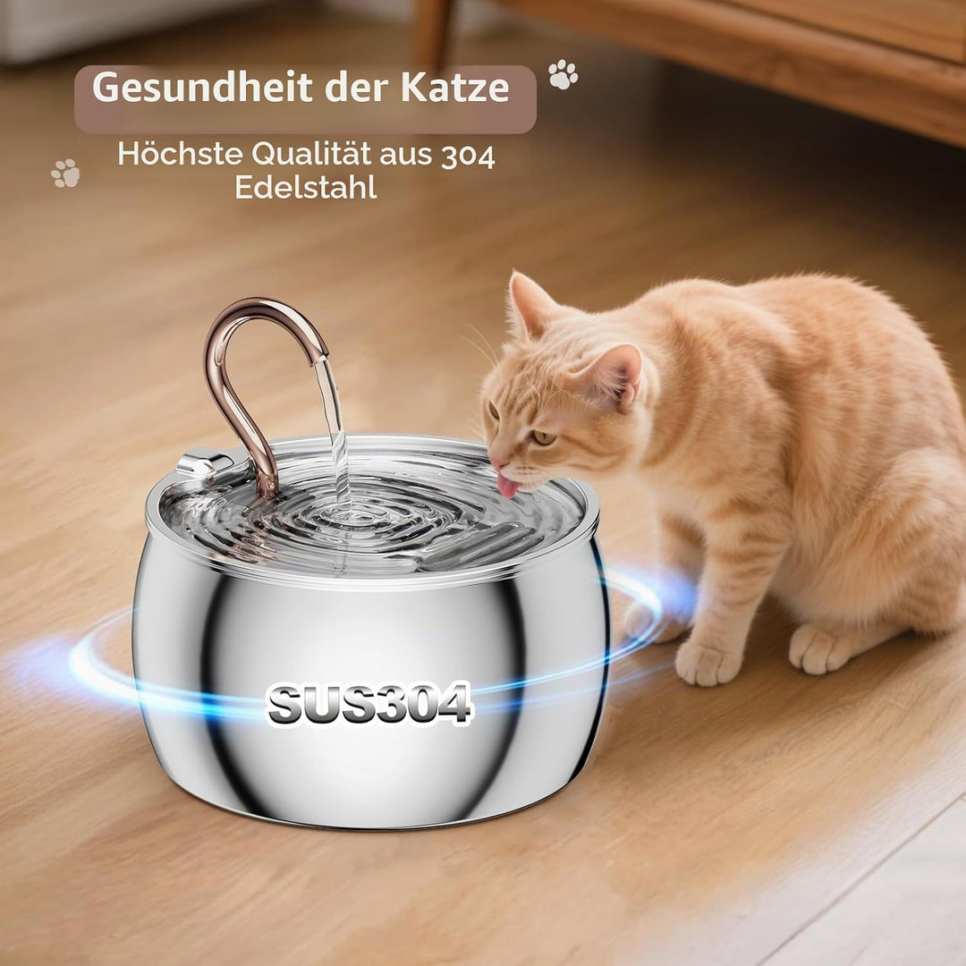 Katzenbrunnen Edelstahl, 2,5L/84oz Gänsehals Trinkbrunnen für Katze, Wasserbrunnen für Katzen mit 1