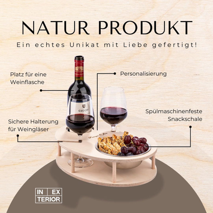 INEXTERIOR – Couchbar WeinBar handgefertigt aus Holz Naturfarben mit Wunschgravur – Runde Snack Box