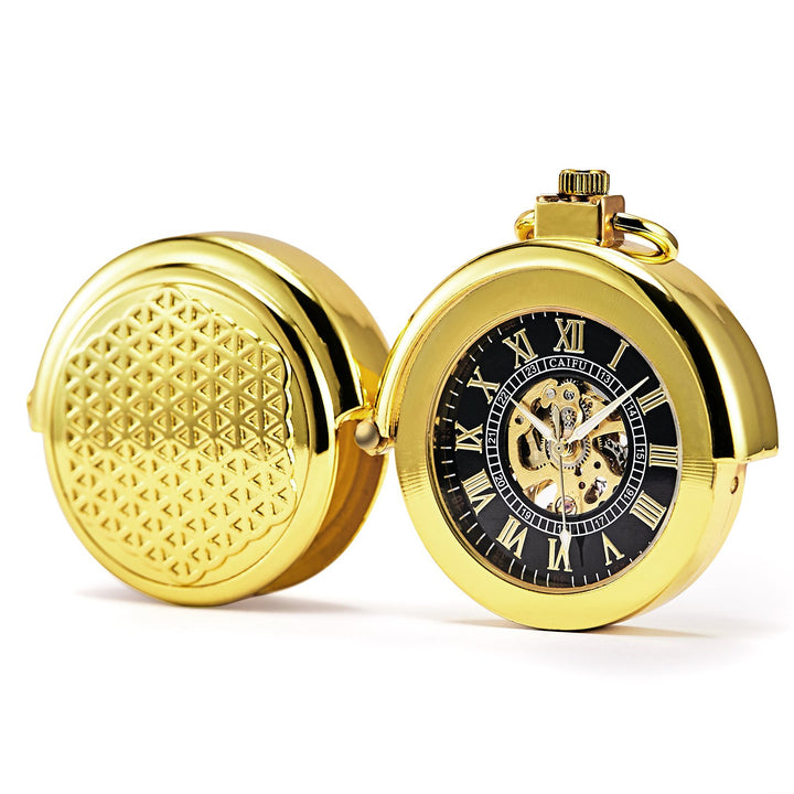 TREEWETO Unisex Taschenuhr mit Kette Analog Handaufzug Pull-Sonderform Hohl Fall Gold