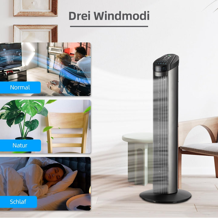 Be Cool Turmventilator 74,5cm mit Fernbedienung BC29TFRC – 74,5 cm, 50 Watt, 3 Windmodi, 7,5 Std. Ti