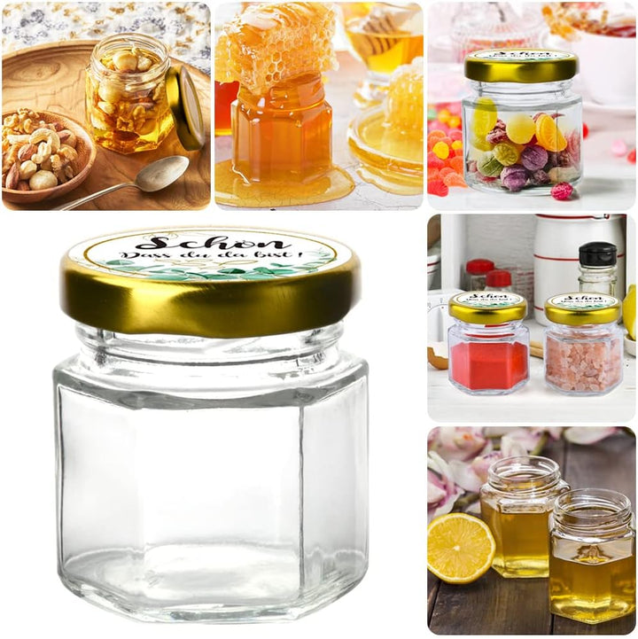 MAOOY 30 Stück Hexagon Mini Glas Honiggläser 45ml Honigglas Mit Honiglöffel Honig Kleine Gläser Gold