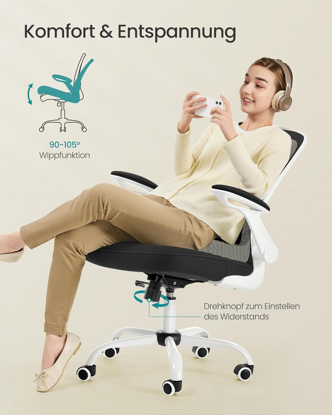 SONGMICS Bürostuhl ergonomisch, Schreibtischstuhl klappbare armlehne, 360° Drehstuhl, verstellbare L