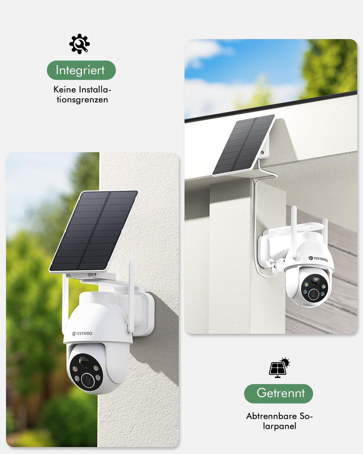 YESYAMO 2K Überwachungskamera aussen solar, 2,4 GHz WLAN Kamera Outdoor | 360° PTZ Solar Kamera, Far