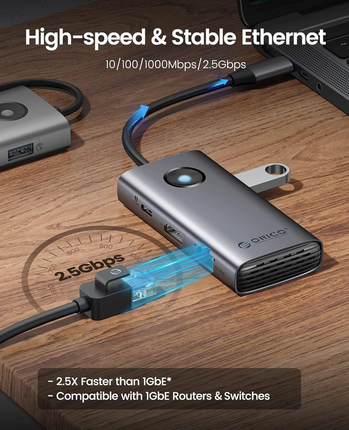Docking Station, ORICO 6 in 1 USB C Hub mit 4K HDMI, 2.5G Ethernet, PD 100 W, 2 USB-A 3.0 Ports, 1 U