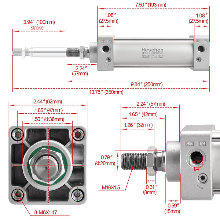Heschen Pneumatischer Standard-Luftdruckzylinder, SC 50-100, PT1/4" Anschluss, 50mm Bohrung, 100mm H