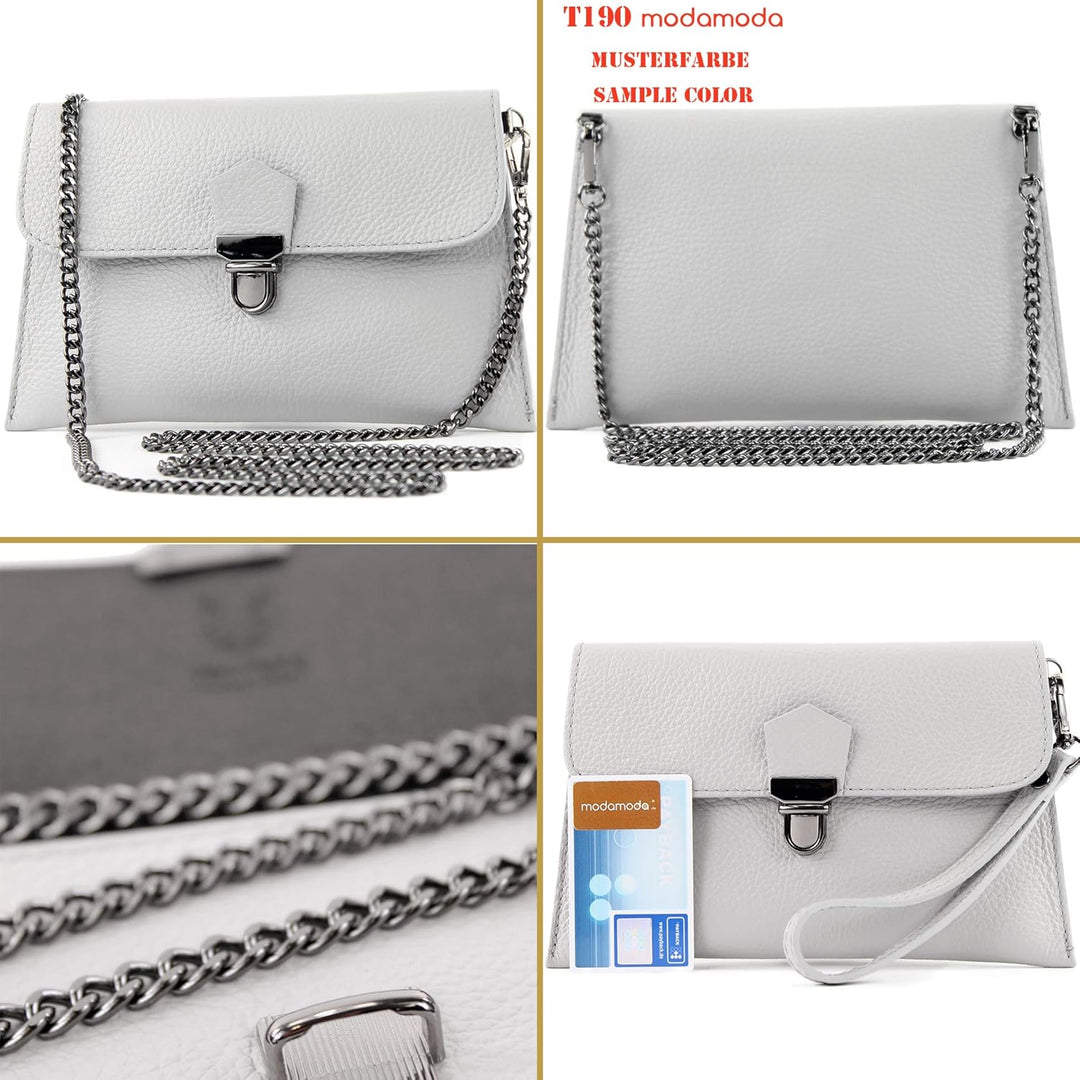 modamoda de T190 Damen Leder Clutch Handgelenktasche Schultertasche mit Kette handmade in Italy Past