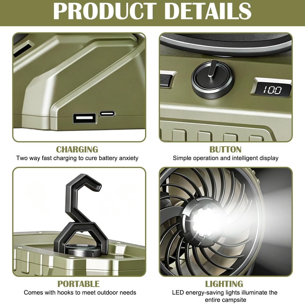 Camping Ventilator, Akku Ventilator mit Fernbedienung/LED Licht/270° Drehung, Tischventilator mit Ha