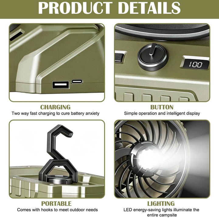 Camping Ventilator, Akku Ventilator mit Fernbedienung/LED Licht/270° Drehung, Tischventilator mit Ha