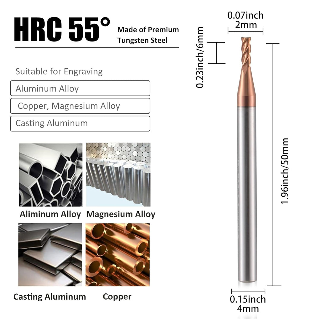 2mm CNC Fräser Schaftfräser Hartmetall 4 Schneiden, 5 Stücke TiSiN Coat Spiralfräser Bit VHM Bohrauf
