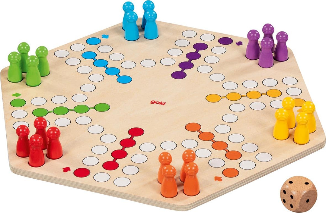 goki 56298 – Ludo für bis zu 6 Spieler aus Holz – Gesellschaftsspiel im XL-Format, Durchmesser ca. 3
