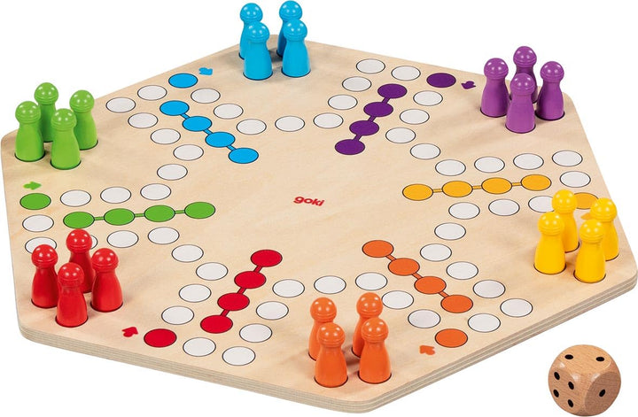 goki 56298 – Ludo für bis zu 6 Spieler aus Holz – Gesellschaftsspiel im XL-Format, Durchmesser ca. 3