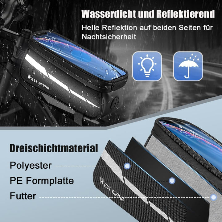 Fahrrad Rahmentasche mit Handytasche, 1L Oberrohrtasche mit Touchscreen für Smartphone bis 7 Zoll, W