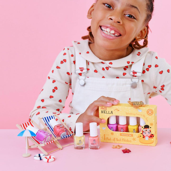 Miss Nella Summer Glitzer Nagellack 4er Set: Gelb, Koralle, Rosa und Lila, abziehbarer Nagellack spe