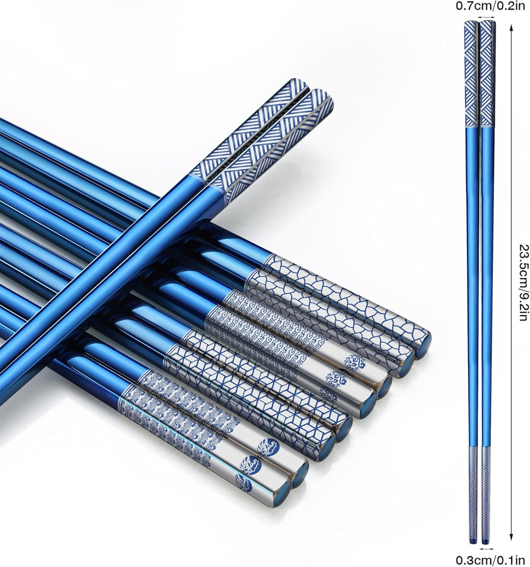 Edelstahl Essstäbchen, 18/8, Titan-Lasergravur, spülmaschinenfest, 5 Paar Geschenkset (blau), wieder