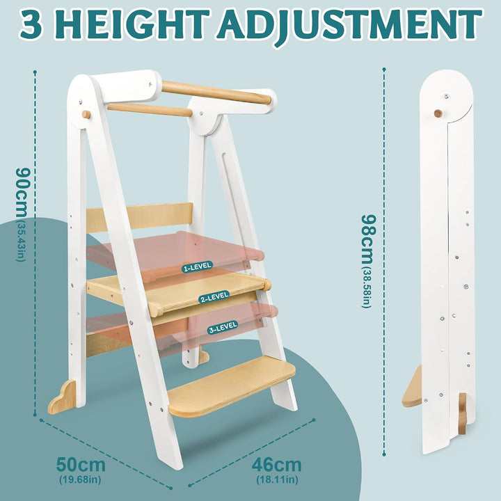 Lernturm Klappbar ab 1 Jahr, 3-stufig Höhenverstellbar Holz Kinder lernturm | Montessori Tritthocker