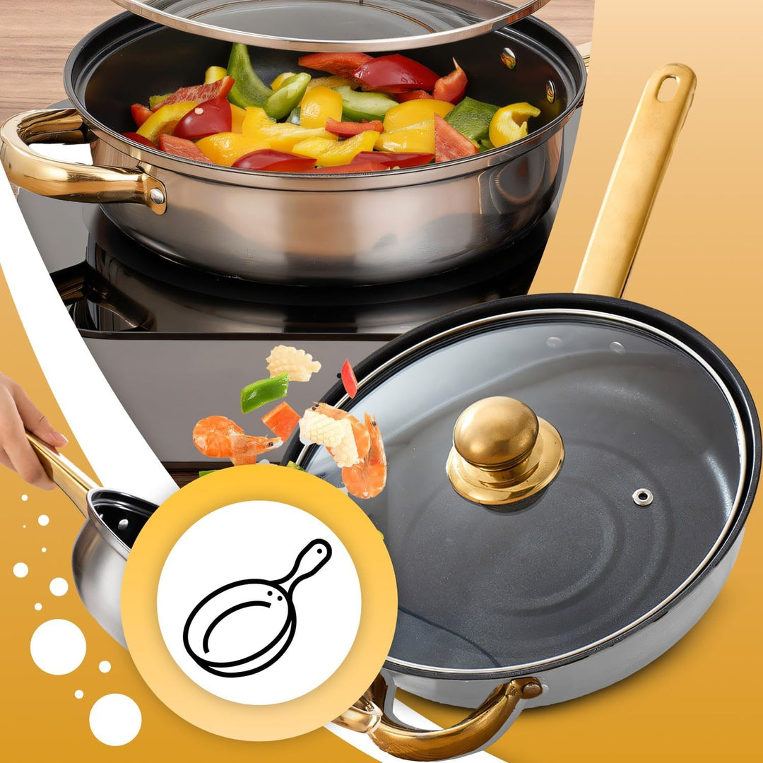 Retoo Topfset 12-teilig Edelstahl Kochtopfset mit Glasdeckel und goldenen Griffen, Grosses Cooking P